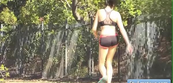  Young sexy brunette amateur Cadey shake her booty outdoor and goes for a run